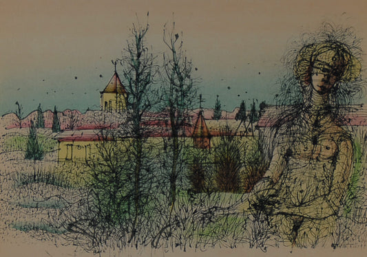 ジャン・カルズー 【村はずれ】オリジナルリトグラフ版画 作家自筆サイン入り【額付】イメージサイズ29x43cm