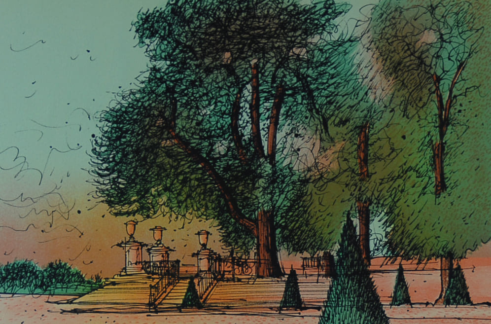 ジャン・カルズー 【公園】オリジナルリトグラフ版画 作家自筆サイン入り【額付】イメージサイズ29x43cm