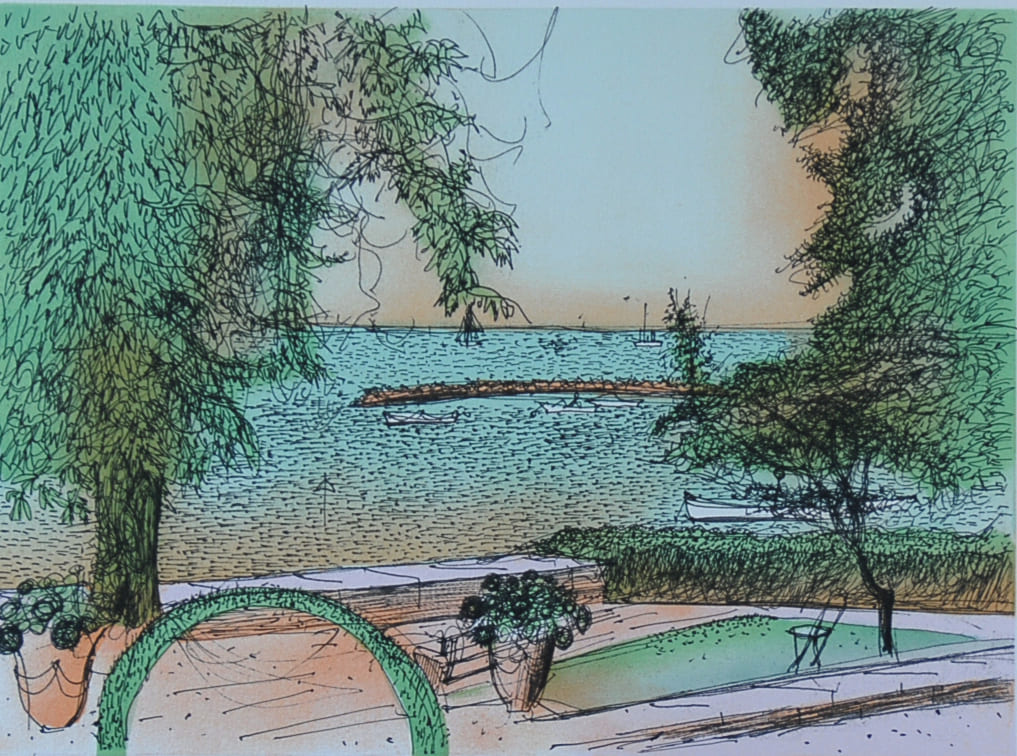 ジャン・カルズー 【海辺の公園】オリジナルリトグラフ版画 作家自筆サイン入り【額付】イメージサイズ29x43cm 針金のような線描で異次元空間を感じさせる絵画空間に、具象性を保ちながら建物や人物を幻想的に描く。絵画と同時に版画も制作する。ヘミングウエイやアルベール・カミュなどの作品の挿絵も手掛ける ジャン・カルズー1907年シリア生まれ パリの建築専門学校に学び、後にモンパルナスの研究所で絵画を学ぶ 1955年 時代の証人画家展で現代の代表的画家10人に選ばれる。 1956年 レジオン・ドヌール勲章受章 1958年 芸術文化勲章受章 1976年 カルズーの記念切手が発売される 1977年 フランス学士院の員に選出される 2000年 フランスde他界 収蔵美術館:エルミタージュ美術館.シカゴアートインスチシュート...等