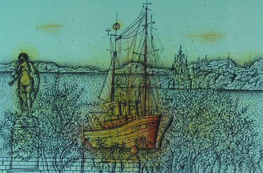 ジャン・カルズー 【中世の旅立ち】オリジナルリトグラフ版画 作家自筆サイン入り【額付】イメージサイズ29x43cm  針金のような線描で異次元空間を感じさせる絵画空間に、具象性を保ちながら建物や人物を幻想的に描く。絵画と同時に版画も制作する。ヘミングウエイやアルベール・カミュなどの作品の挿絵も手掛ける ジャン・カルズー1907年シリア生まれ パリの建築専門学校に学び、後にモンパルナスの研究所で絵画を学ぶ 1955年 時代の証人画家展で現代の代表的画家10人に選ばれる。 1956年 レジオン・ドヌール勲章受章 1958年 芸術文化勲章受章 1976年 カルズーの記念切手が発売される 1977年 フランス学士院の員に選出される 2000年 フランスde他界 収蔵美術館:エルミタージュ美術館.シカゴアートインスチシュート...等