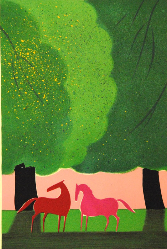 セルジュ・ラシュス <春の森> オリジナルリトグラフ版画 作家自筆サイン限定部数入り  イメージサイズ30x20 額サイズ42x32cm(額付き)