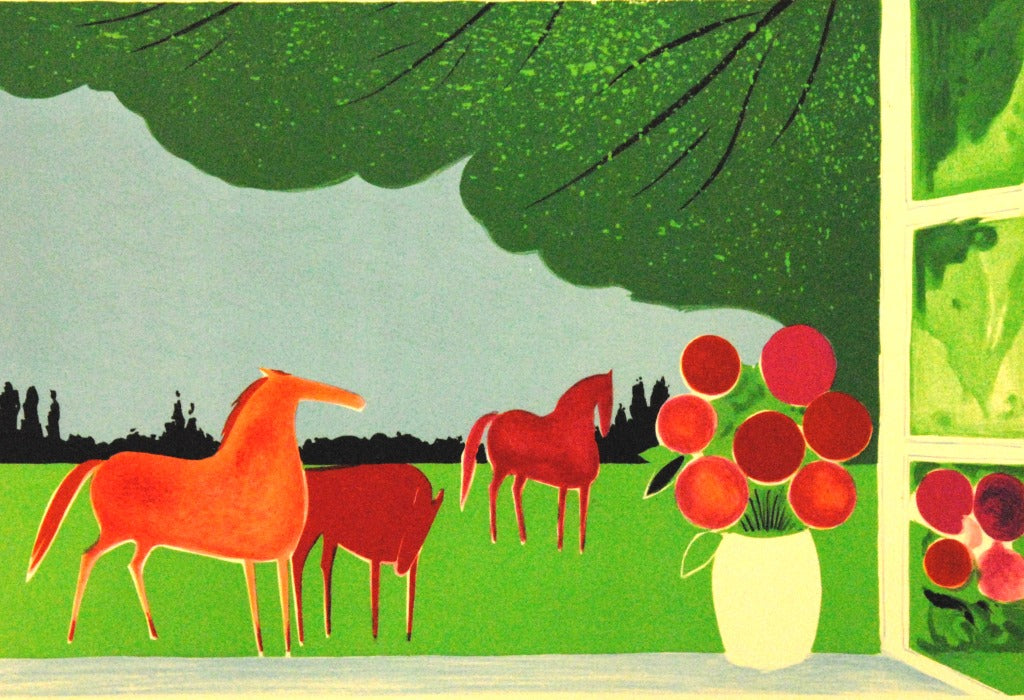 セルジュ・ラシュス <春の窓辺> オリジナルリトグラフ版画 作家自筆サイン限定部数入り  イメージサイズ20x30 額サイズ32x42cm(額付き)