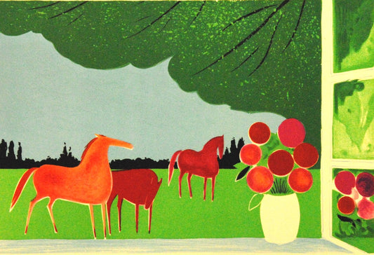 セルジュ・ラシュス <春の窓辺> オリジナルリトグラフ版画 作家自筆サイン限定部数入り  イメージサイズ20x30 額サイズ32x42cm(額付き)