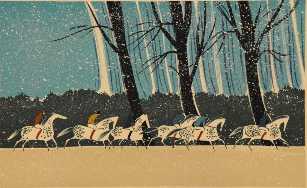 セルジュ・ラシュス <雪の森のカバリエ>オリジナルリトグラフ版画 作者自筆サイン限定部数入り   イメージサイズ25x40 額サイズ41x56cm(額付き)