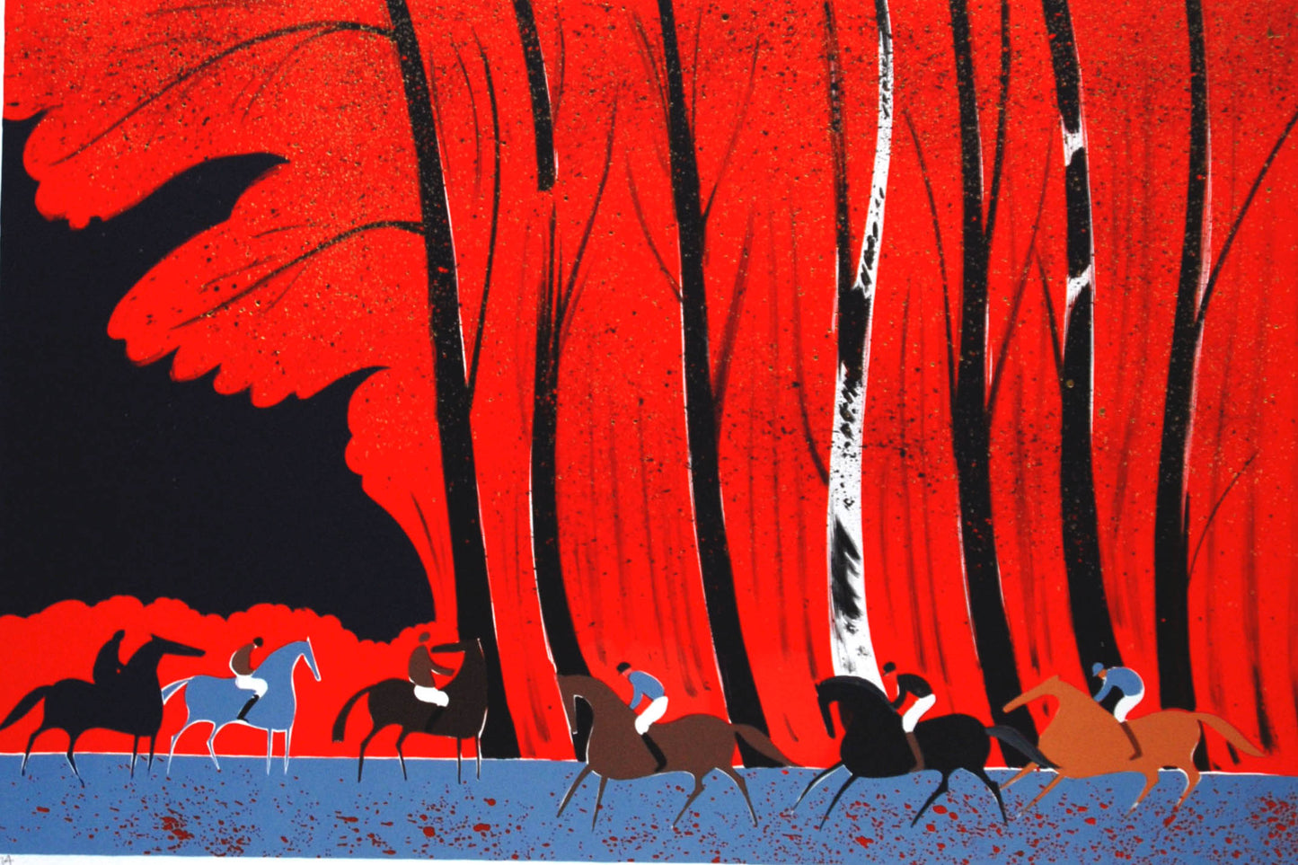 セルジュ・ラシュス <紅葉の森>オリジナルリトグラフ版画 作者自筆サイン限定部数入り イメージサイズ43x62 額サイズ65x84cm(額付き)