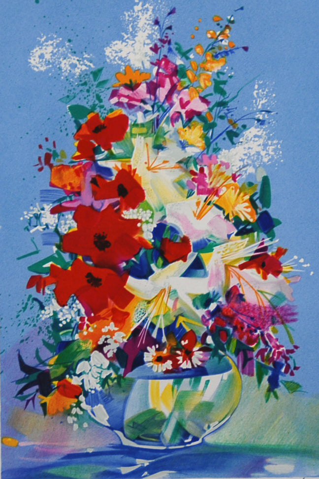 クロード・マルス <丸い透明な花瓶のブーケ> オリジナルリトグラフ版画 作家自筆サイン限定部数入り イメージサイズ40x25cm 額サイズ56x41cm(額付き)