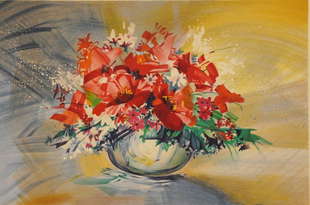 クロード・マルス <赤いブーケ> オリジナルリトグラフ版画 作家自筆サイン限定部数入り イメージサイズ40x59cm 額サイズ62x81cm(額付き)