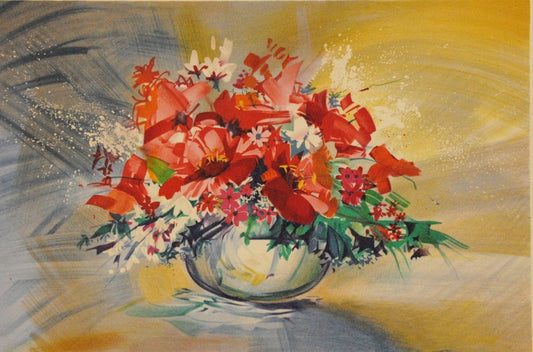 クロード・マルス <赤いブーケ> オリジナルリトグラフ版画 作家自筆サイン限定部数入り イメージサイズ40x59cm 額サイズ62x81cm(額付き)