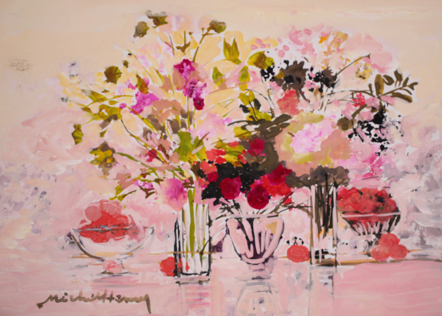 ミッシェル・アンリ 【ブーケのハーモニー】グアッシュ=不透明水彩絵画【額付】 3号サイズ相当 2013年制作