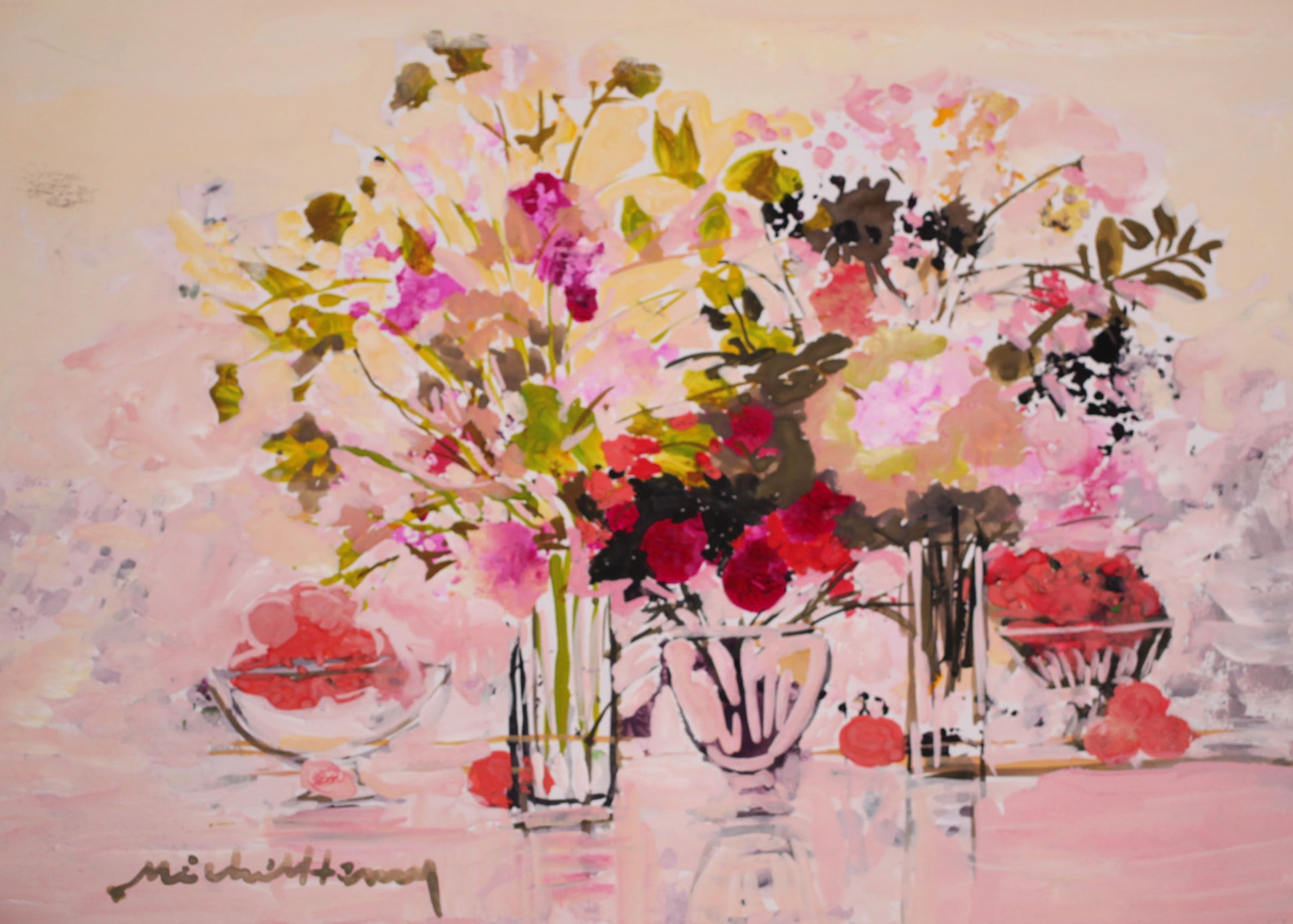 ミッシェル・アンリ 【ブーケのハーモニー】グアッシュ=不透明水彩絵画【額付】 3号サイズ相当 2013年制作