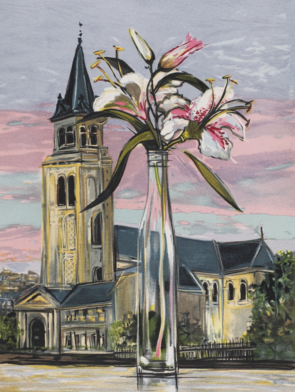 ミッシェル・アンリ 【サンジェルマン・デ・プレ教会とユリ」オリジナルリトグラフ版画 作家自筆サイン入り【額付】 ギャルリー亜出果がミッシェル・アンリから直接購した作品です。