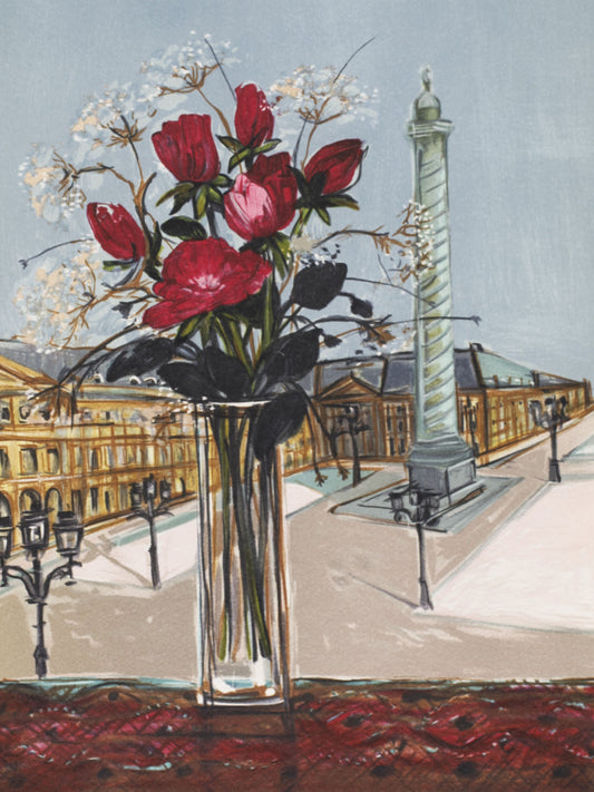 ミッシェル・アンリ 【ヴァンドーム広場のバラ】オリジナルリトグラフ版画 作家自筆サイン入り【額付】 ギャルリー亜出果がミッシェル・アンリから直接購した作品です。