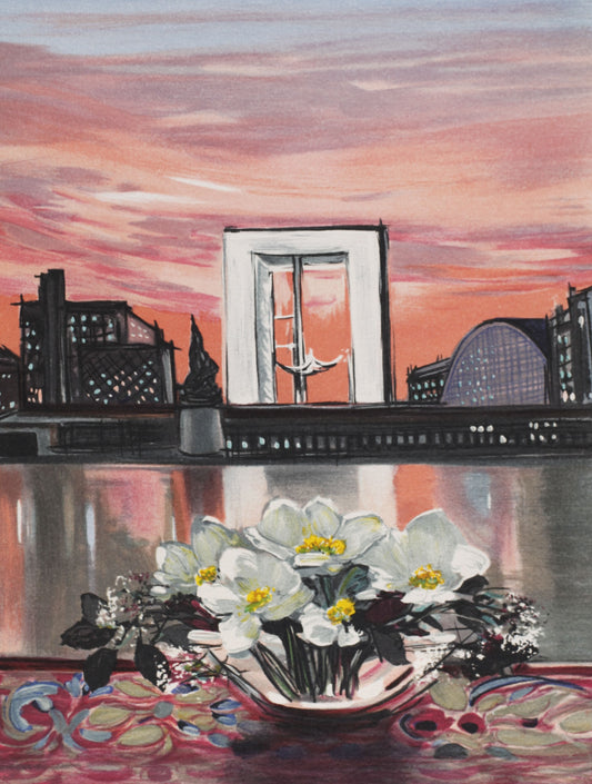 ミッシェル・アンリ 【凱旋門と白いブーケ】オリジナルリトグラフ版画 作家自筆サイン入り【額付】