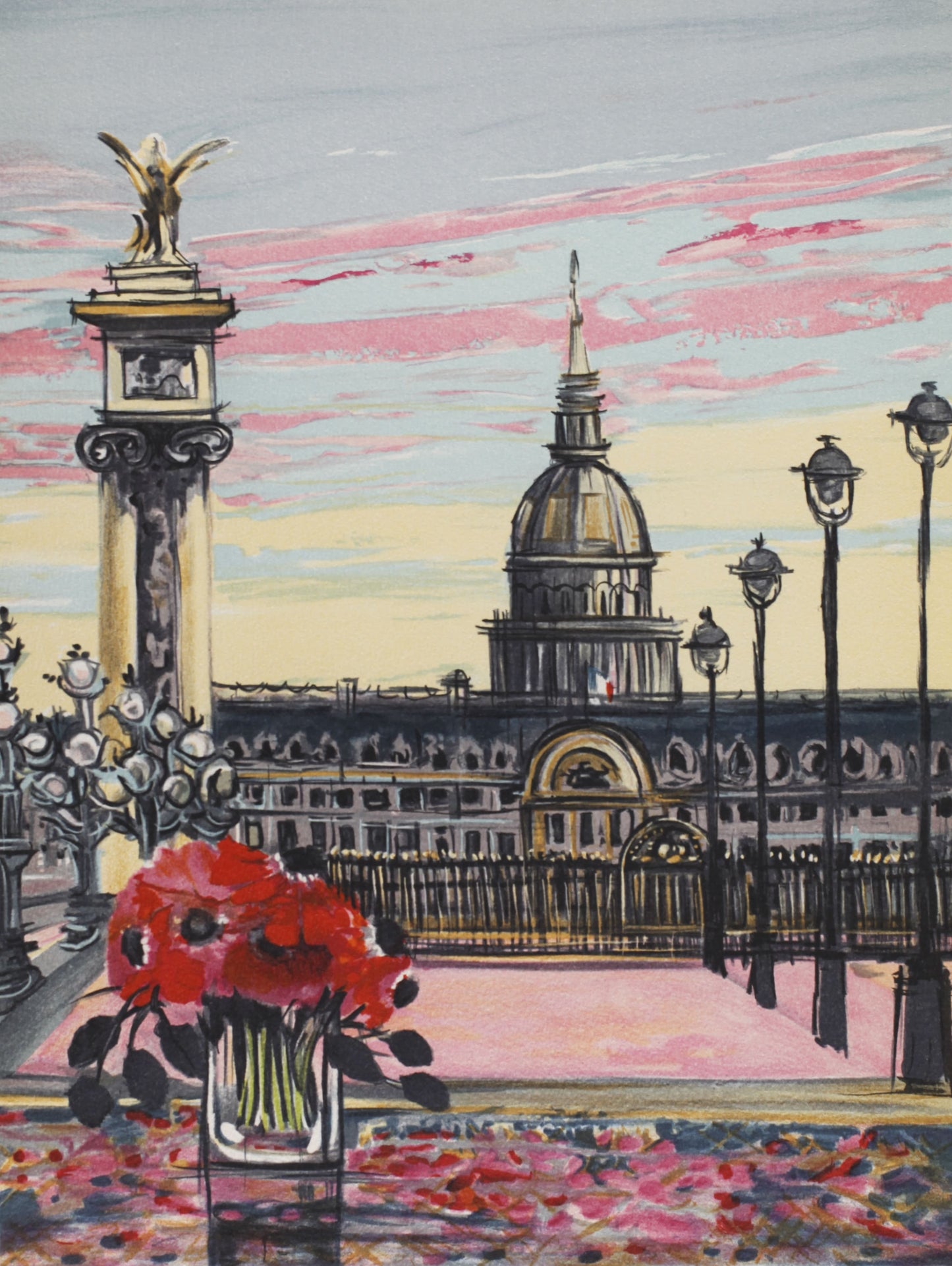 ミッシェル・アンリ <アンヴァリッドとバラ>オリジナルリトグラフ版画 作家自筆サイン入り<額付>  ギャルリー亜出果がミッシェル・アンリから直接購した作品です。