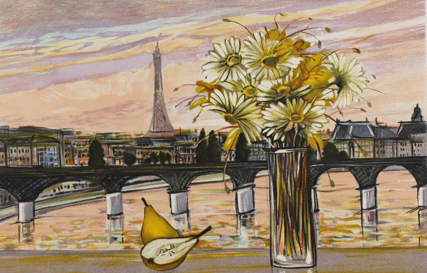 ミッシェル・アンリ 【エッフェル塔とレモン】オリジナルリトグラフ版画 作家自筆サイン入り【額付】