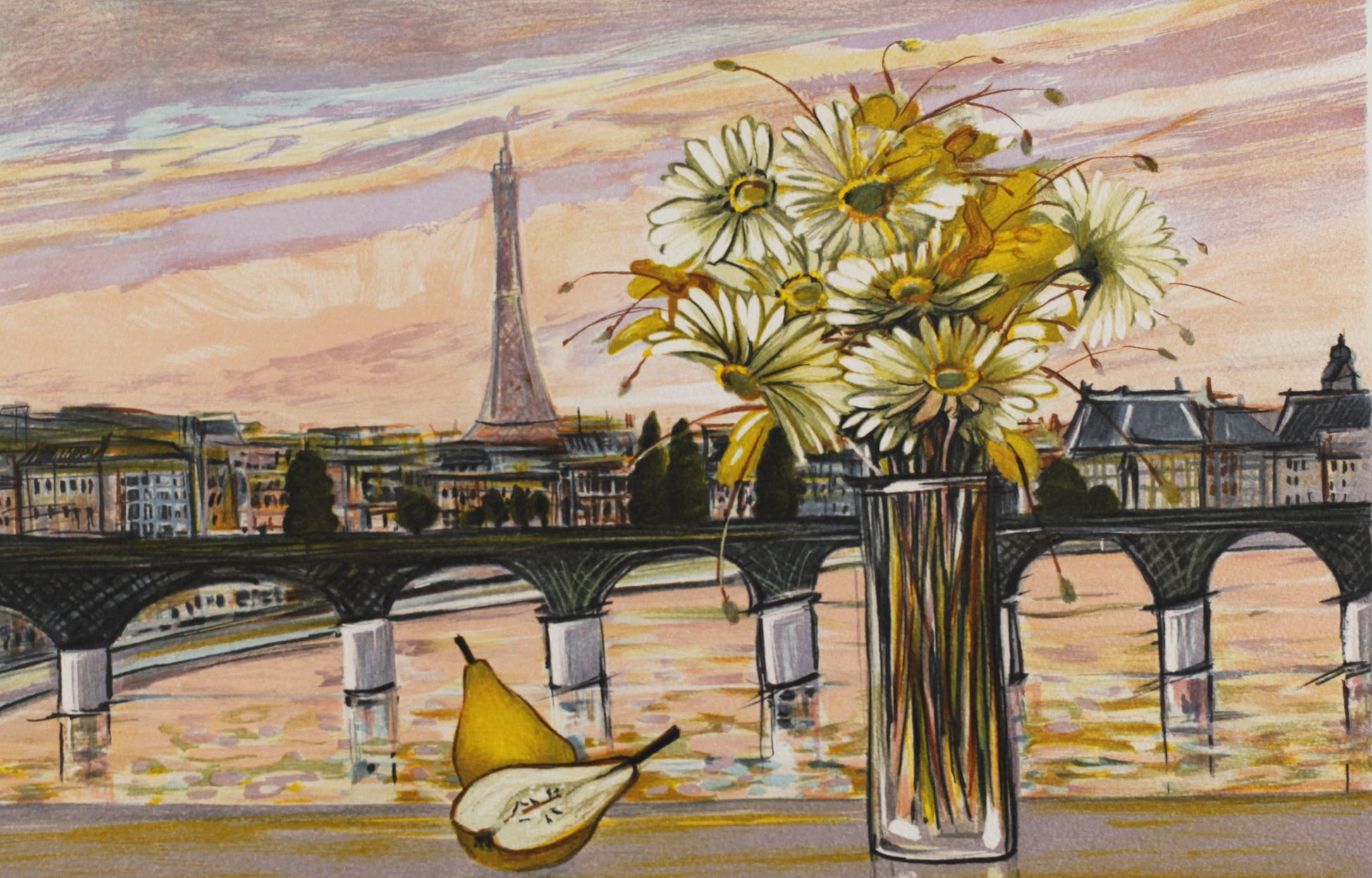 ミッシェル・アンリ 【エッフェル塔とレモン】オリジナルリトグラフ版画 作家自筆サイン入り【額付】