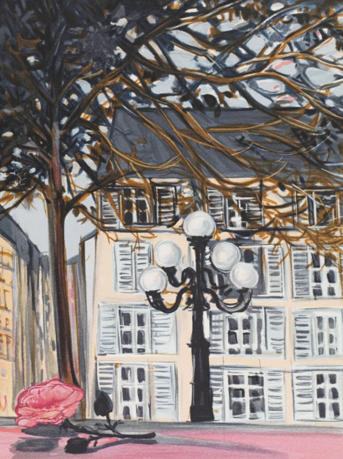 ミッシェル・アンリ 【フルスタンベール広場の街灯とバラ】オリジナルリトグラフ版画 作家自筆サイン入り【額付】