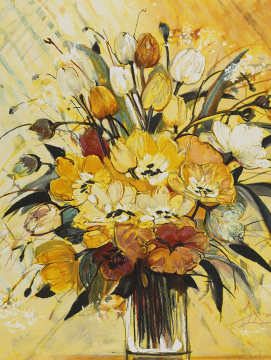 ミッシェル・アンリ 【黄色いブーケ】 オリジナルリトグラフ版画 作家自筆サイン入り【額付】  ギャルリー亜出果がミッシェル・アンリと共同で制作した作品です