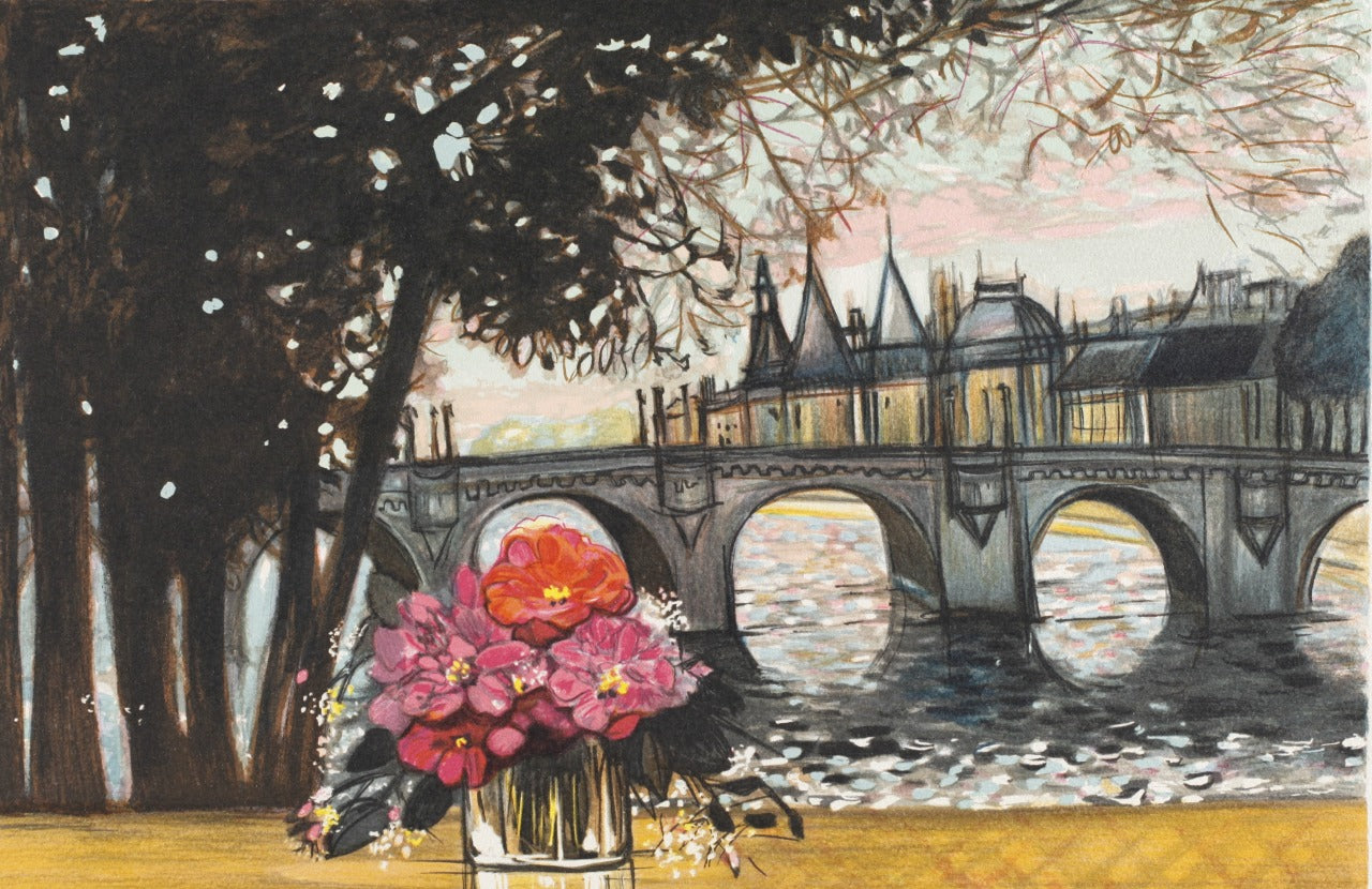 ミッシェル・アンリ 【セーヌに掛かる橋とブーケ】オリジナルリトグラフ版画 作家自筆サイン入り【額付】 ギャルリー亜出果がミッシェル・アンリから直接購した作品です。