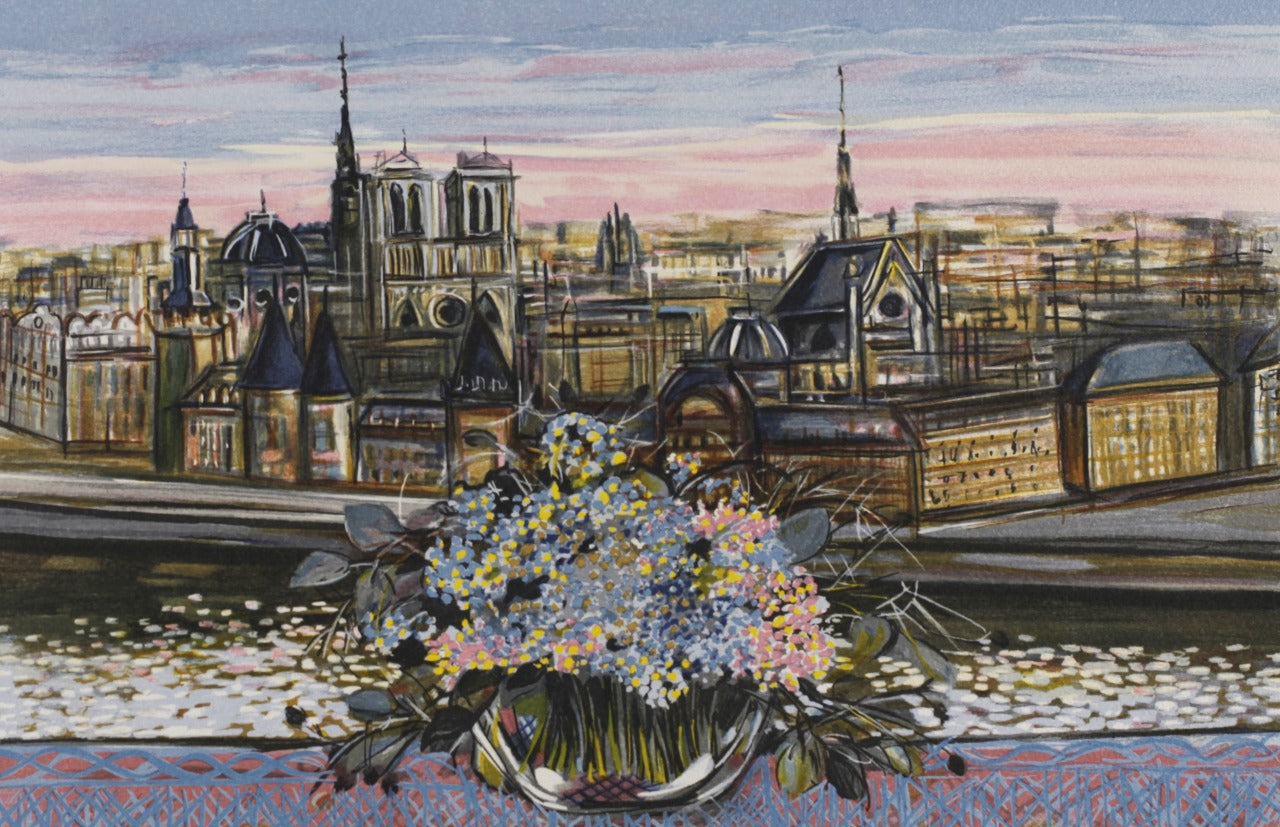 ミッシェル・アンリ 【ノートルダム寺院とブーケ】オリジナルリトグラフ版画 作家自筆サイン入り【額付】ギャルリー亜出果がミッシェル・アンリから直接購した作品です。