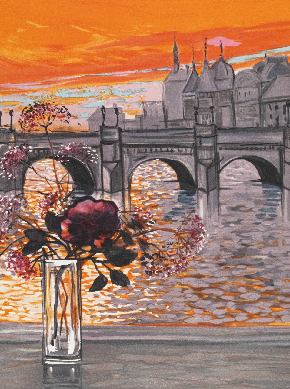 ミッシェル・アンリ 【夕暮れのセーヌ川オレンジ色のきらめき】オリジナルリトグラフ版画 作家自筆サイン入り【額付】 ギャルリー亜出果がミッシェル・アンリから直接購した作品です。