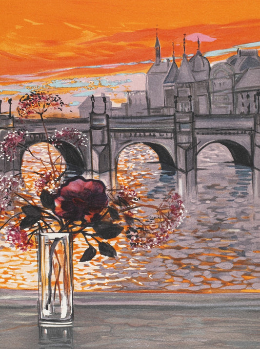ミッシェル・アンリ 【夕暮れのセーヌ川オレンジ色のきらめき】オリジナルリトグラフ版画 作家自筆サイン入り【額付】 ギャルリー亜出果がミッシェル・アンリから直接購した作品です。