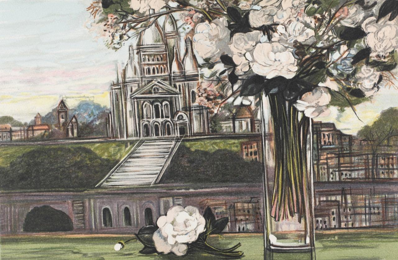 ミッシェル・アンリ 【モンマルトルのサクレクール寺院と白いバラ】オリジナルリトグラフ版画 作家自筆サイン入り【額付】 ギャルリー亜出果がミッシェル・アンリから直接購した作品です。