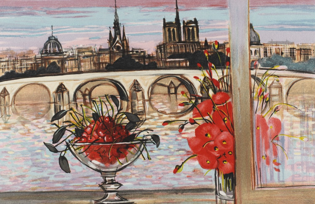 ミッシェル・アンリ 【コクリコとサクランボのコンポート】オリジナルリトグラフ版画 作家自筆サイン入り【額付】 ギャルリー亜出果がミッシェル・アンリから直接購した作品です。