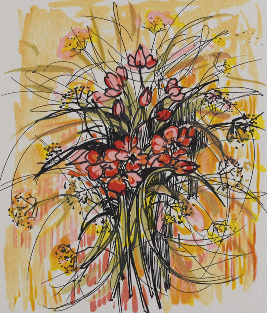 ミッシェル・アンリ 【花びらの飛翔】オリジナルリトグラフ版画 作家自筆サイン入り【額付】 イメージサイズ20x17cm 額付サイズ30x26cm