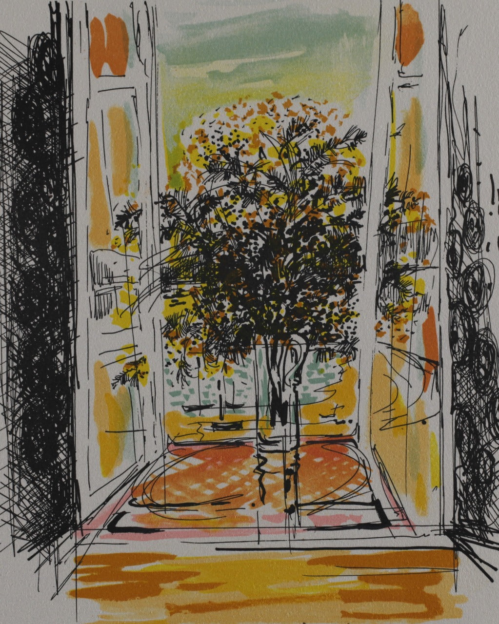 ミッシェル・アンリ 【窓辺のブーケ】オリジナルリトグラフ版画 作家自筆サイン入り【額付】  イメージサイズ21x18㎝ 額サイズ31x27cm  この作品は直接ミッシェル・アンリから購入しました。