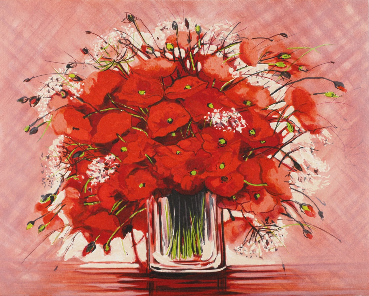 ミッシェル・アンリ 【赤いコクリコ】オリジナルリトグラフ版画 作家自筆サイン入り【額付】イメージサイズ36x45cm 額サイズ60cmx68cm   ギャルリー亜出果がミッシェル・アンリと共同で制作した作品です。