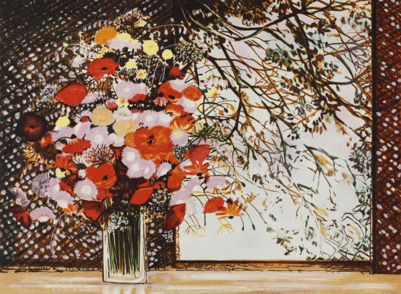 ミッシェル・アンリ 【簾の前のブーケ】オリジナルリトグラフ版画 作家自筆サイン入り【額付】 ギャルリー亜出果がミッシェル・アンリから直接購した作品です。