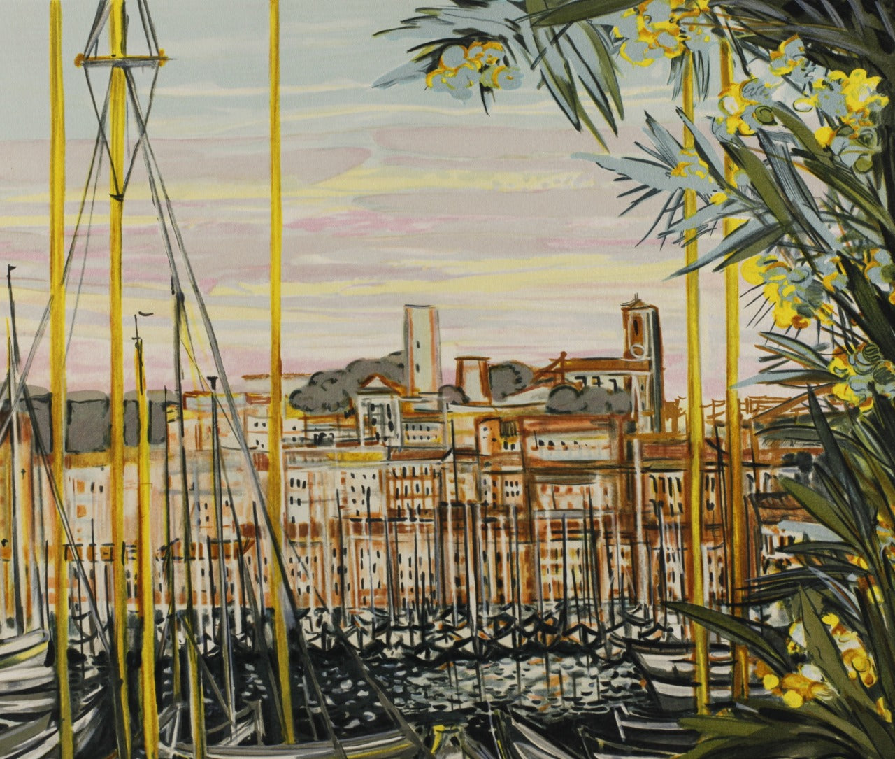 ミッシェル・アンリ 【ミモザのあるヨットポート>】 オリジナルリトグラフ版画 作家自筆サイン入り【額付】  ギャルリー亜出果がミッシェル・アンリから直接購した作品です。