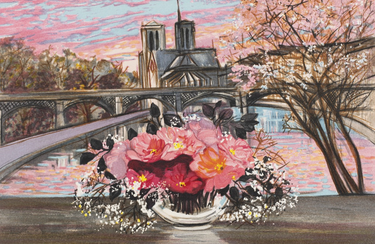 ミッシェル・アンリ 【ノートルダム寺院とコンポートのバラ】オリジナルリトグラフ版画 作家自筆サイン入り【額付】