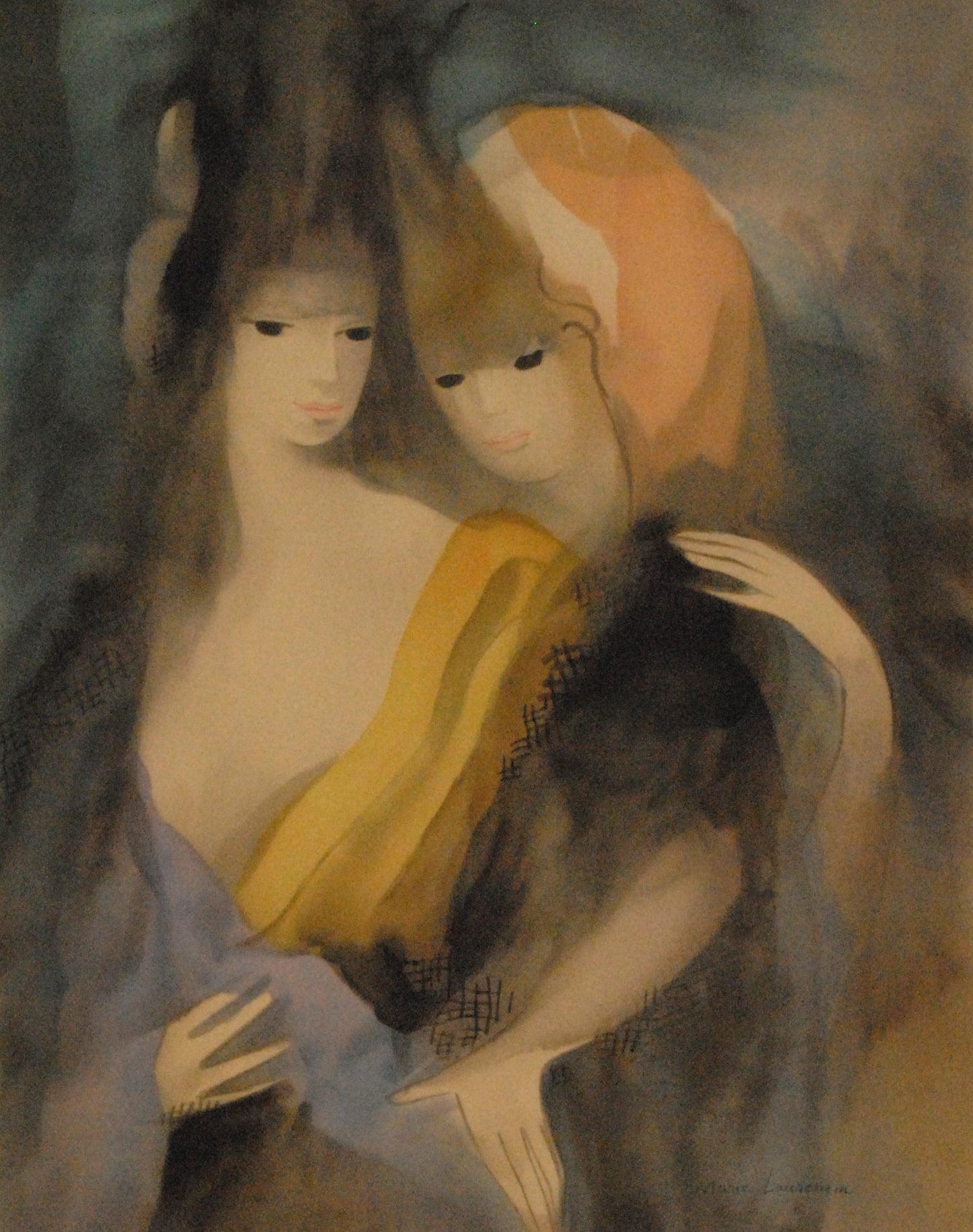 マリー・ローランサン 【黒いショールの少女1】名作リトグラフ 刷師サイン入り限定部数【額付】イメージサイズ59xmx46㎝ 額サイズ79x66㎝ 版画額新品  マリー・ローランサンは1893年パリに生まれ1956年パリ没。10代から画家を志しピカソやブラックなどの画家や美術評論家で詩人のアポリネールなどと交流した。キュビスムの影響を受け1912年の個展が評判を呼び画家としてのデビューを果たす。その後キュビスムとは決別して、パステルカラーで独自の清楚で華やかな女性像を描き、人気作家となる。多くの上流婦人からのを受け、彼女達の肖像画も描くと同時に、バレーやオペラの舞台装置や舞台衣装の制作も行った。タラマ・ド・ランピカと共に20世紀で最も人気を集めた女流画家である。