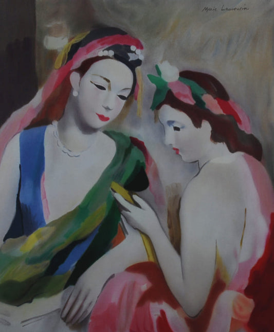 マリー・ローランサン 【姉妹】名作リトグラフ 刷師サイン入り限定部数【額付】イメージサイズ60xmx50㎝ 額サイズ80x70㎝  マリー・ローランサンは1893年パリに生まれ1956年パリ没。10代から画家を志しピカソやブラックなどの画家や美術評論家で詩人のアポリネールなどと交流した。キュビスムの影響を受け1912年の個展が評判を呼び画家としてのデビューを果たす。その後キュビスムとは決別して、パステルカラーで独自の清楚で華やかな女性像を描き、人気作家となる。多くの上流婦人からのを受け、彼女達の肖像画も描くと同時に、バレーやオペラの舞台装置や舞台衣装の制作も行った。タラマ・ド・ランピカと共に20世紀で最も人気を集めた女流画家である。