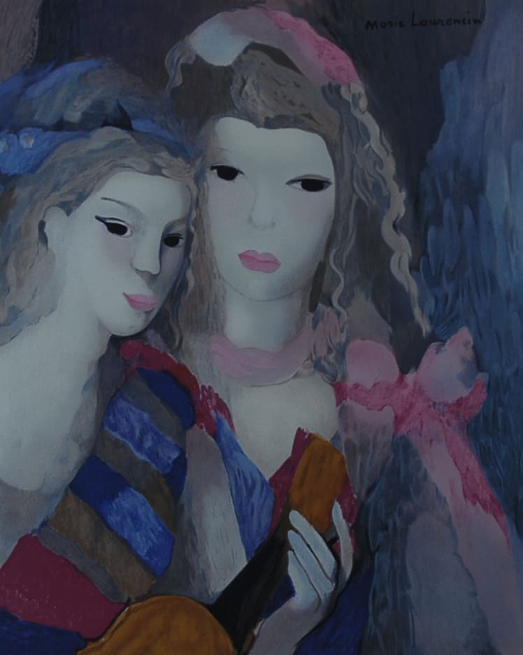 マリー・ロランサン 【ブルーとピンクのスカーフ】名作リトグラフ 刷師サイン入り限定部数【額付】イメージサイズ46xmx37㎝ 額サイズ66x84㎝