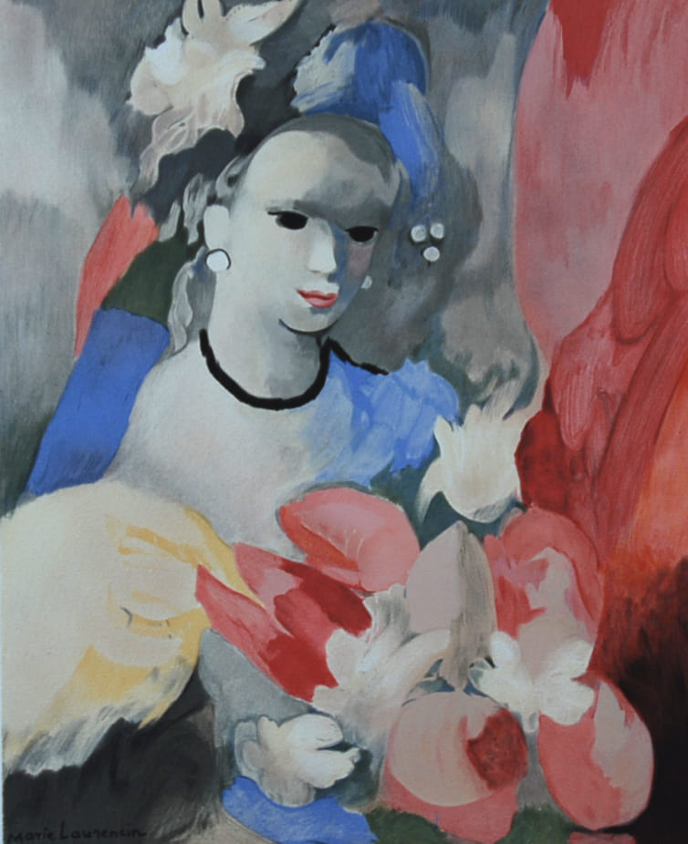 マリー・ローランサン 【黒いネックレス】名作リトグラフ 刷師サイン入り限定部数【額付】イメージサイズ46x37㎝ 額サイズ66x84㎝