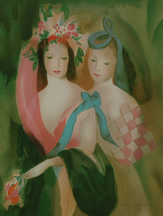 マリー・ローランサン 【緑のショールとブルーのリボン】名作リトグラフ 刷師サイン入り限定部数【額付】イメージサイズ59xmx46㎝ 額サイズ79x66㎝