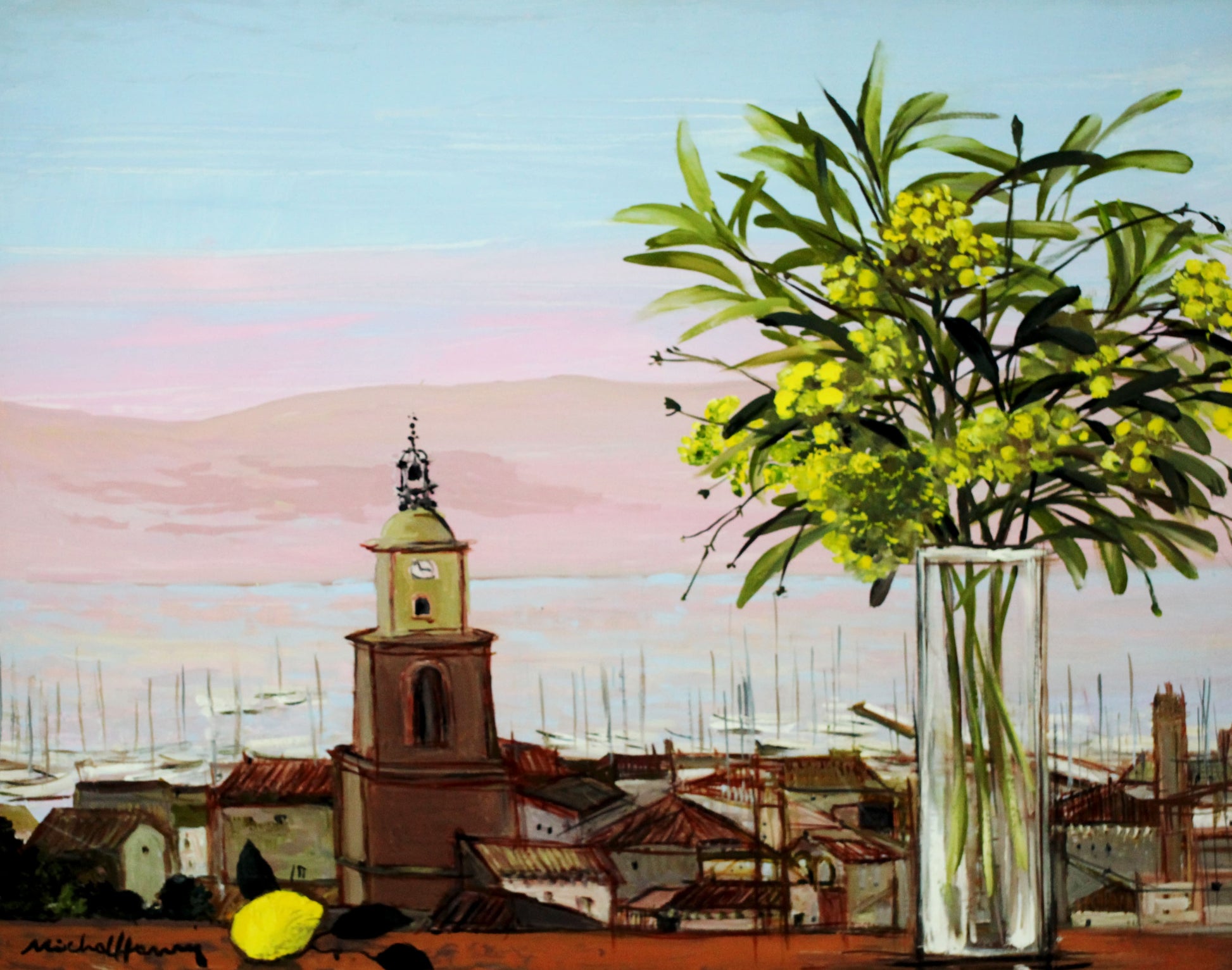 ミッシェル・アンリ 【サントロペの入り江】 油彩30号F【額付】  2007年作品 作家ミッシェル・アンリが弊社(ギャルリー亜出果)の注文で描いた絵画です。