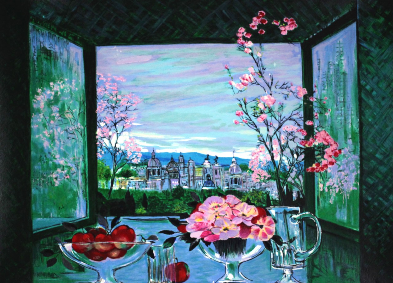 ミッシェル・アンリ 【ローマの窓辺】オリジナルシルクスクリーン 作家自筆サイン入り【額付】