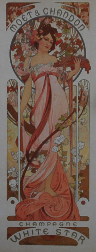 穆夏<香槟白星>杰作石版画穆夏收藏水印压花限量版画幅尺寸56 x 22厘米画框尺寸78 x 44厘米(含画框)