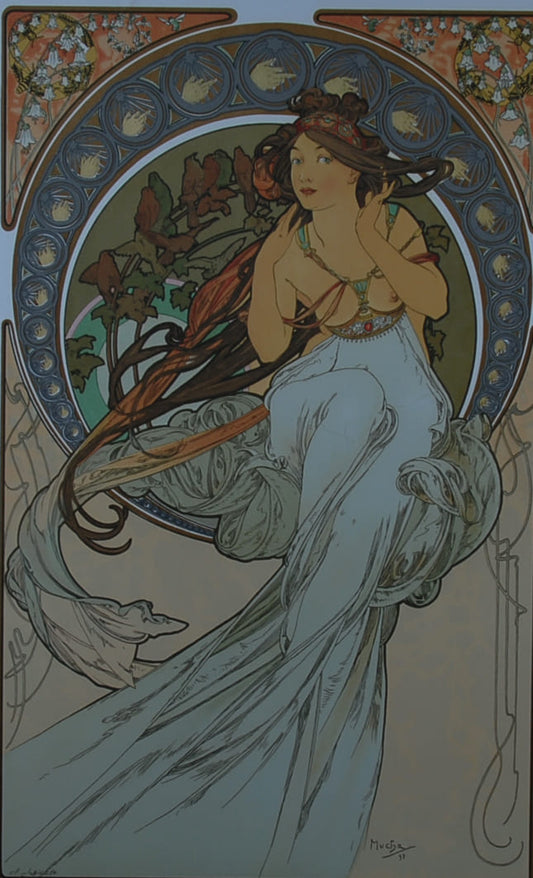 穆夏<音乐之神> 杰作石版画 雕刻家签名 限量版 图像尺寸 68 x 22 厘米 画框尺寸 88 x 44 厘米(含画框)