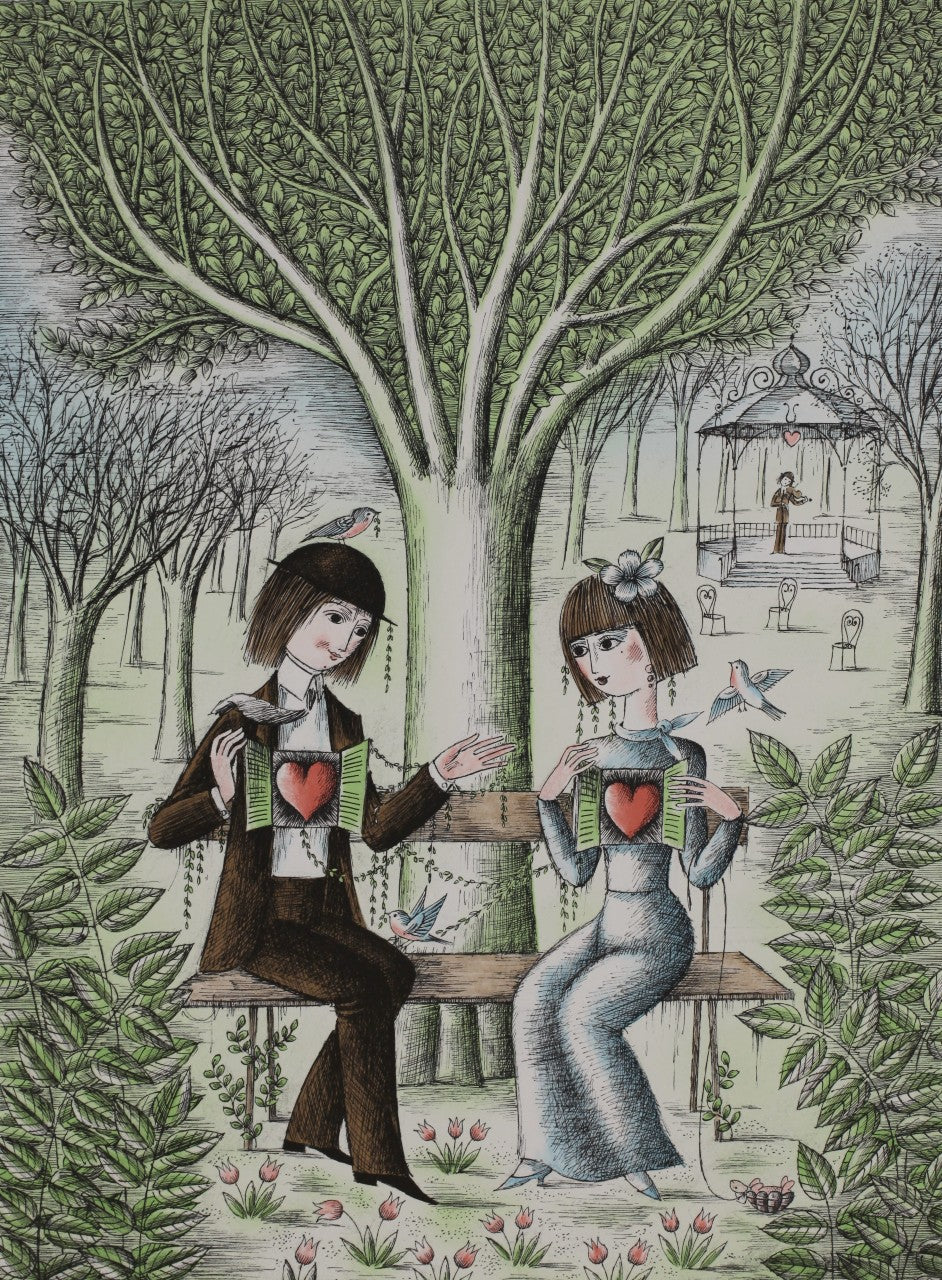 レイモン・ペイネ 【ハートTOハート】オリジナルリトラフ版画 作家自筆サイン入り【額付】250部限定 イメージサイズ52x38㎝ 額サイズ76x61cm 1985年制作   リトグラフは18世紀ヨーロッパで発明された版画制作の技法で19世紀~20世紀にヨーロッパの画家達が盛んにオリジナルリトグラフ作品を制作した。  レイモン・ペイネは20世紀フランスで最もポピュラーなイラストレーターで、フランスと日本に複数の美術館があります。恋人達の愛を描き、恋人達の回りには常に小動物や木々花々が描かれ、ペイネの作品は愛と平和のメッセージあり、小動物や植物への共感は環境保護に通じます。広島平和公園には、世界平和のシンボルとしてペイネの恋人達の彫刻が置かれています。この版画は1985年にシリーズでフランスで制作されました。もちろん新品です。フランスでも売り切れていて、中古品がマーケットにでる程度です