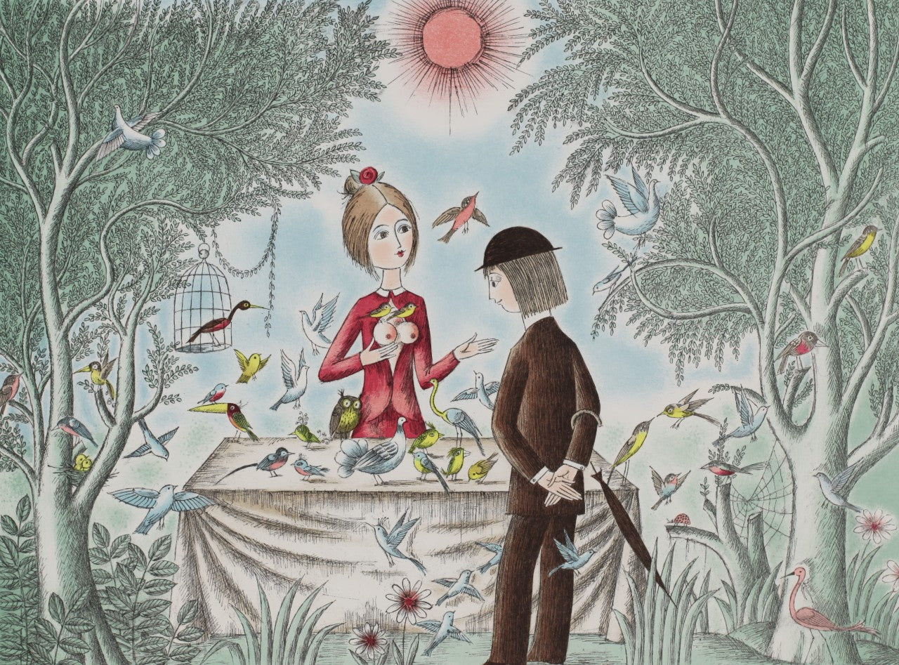 レイモン・ペイネ【小鳥の市場】オリジナルリトラフ版画 作家自筆サイン入り【額付】250部限定 イメージサイズ38x52㎝ 額サイズ61x76㎝ 1985年制作