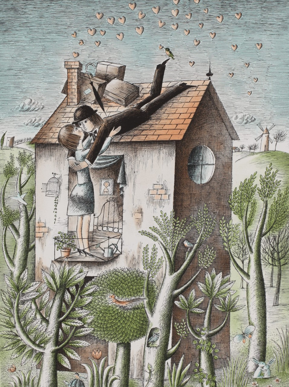 レイモン・ペイネ 【恋のエクスプレス】オリジナルリトグラフ版画 作家自筆サイン入り【額付】250部限定 イメージサイズ52x38㎝ 額サイズ76x61cm 1985年制作