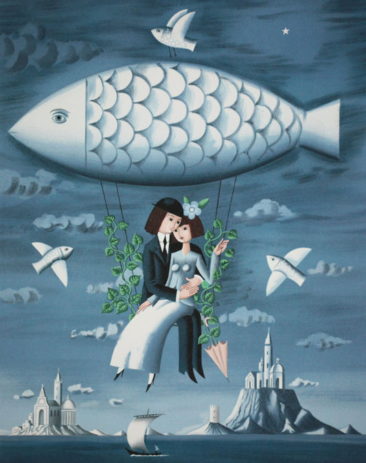 レイモン・ペイネ 【魚の飛行船】オリジナルリトグラフ版画 作家自筆サイン入り【額付】EA版 イメージサイズ52x46㎝ 額サイズ86x67cm 1985年制作
