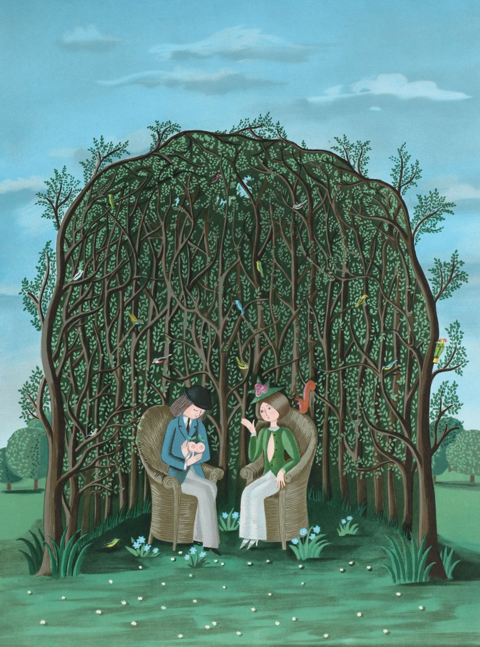 レイモン・ペイネ 【木陰の二人】オリジナルリトラフ版画 作家自筆サイン入り【額付】350部限定 57x43㎝ 1985年制作 額サイズ86x64cm レイモン・ペイネ記念切手貼付