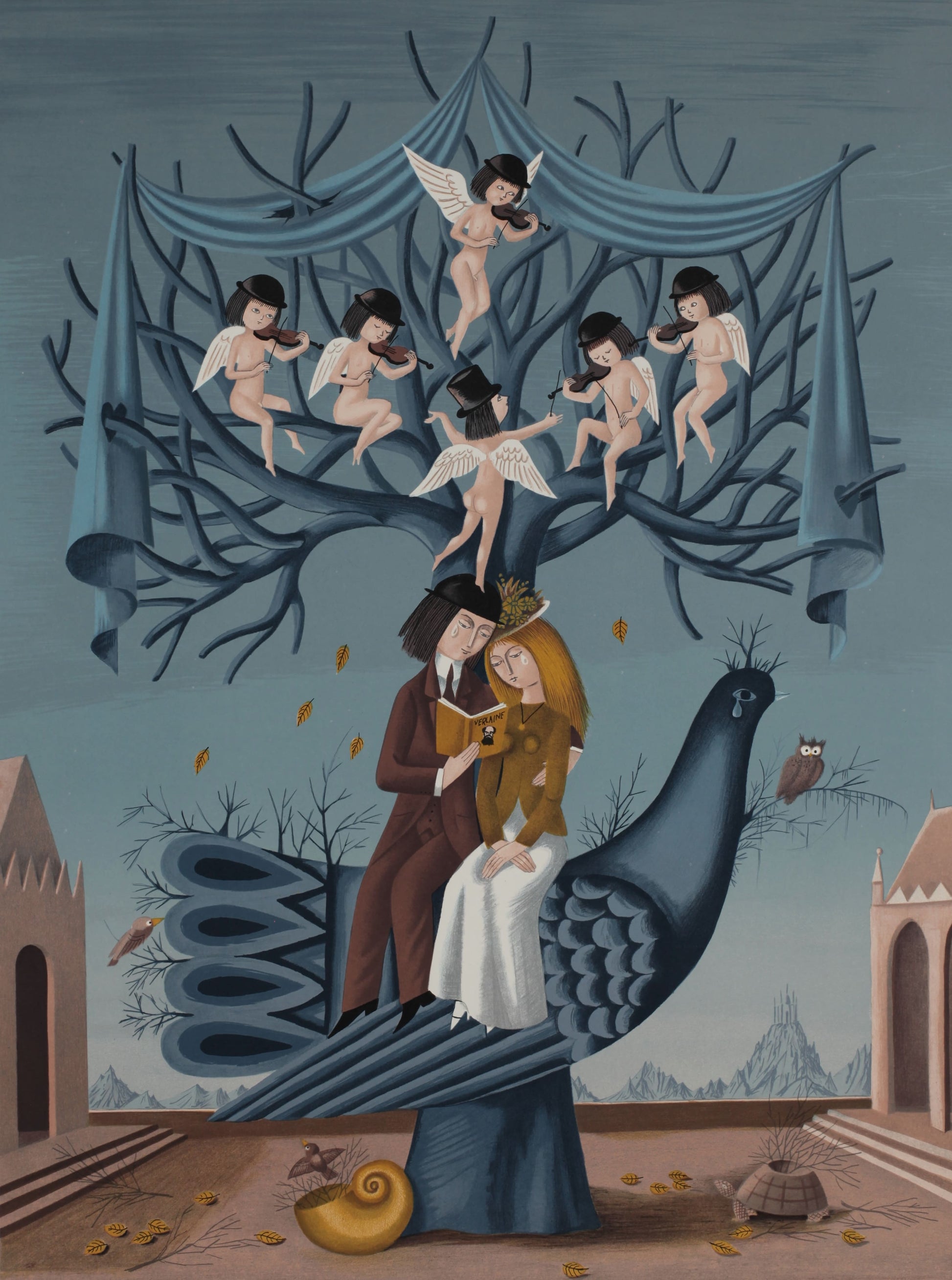 レイモン・ペイネ 【秋のバイオリン】オリジナルリトグラフ版画 作家自筆サイン入り 350部限定 57x43㎝ 1985年制作 額サイズ86x64cm レイモン・ペイネ記念切手貼付 。