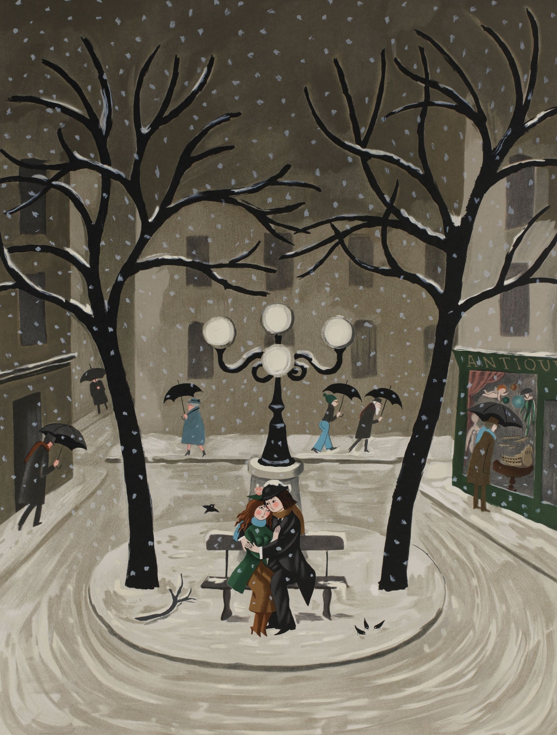 レイモン・ペイネ【雪のベンチ】オリジナルリトラフ版画 作家自筆サイン入り【額付】50部限定 57x43㎝ 1985年制作 額サイズ86x64cm